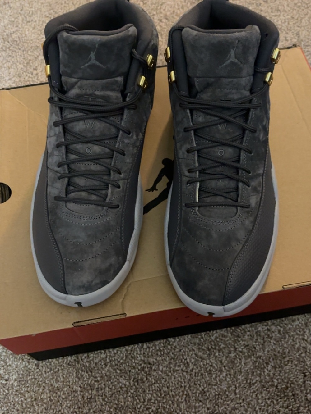 Jordan Men's Dark Grey and Black Suede Sneakers with Gold Accents